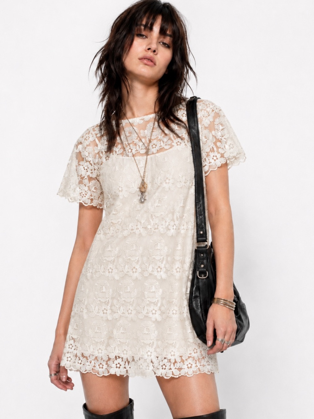 FOREVER 21 CREAM IVORY FLORAL LACE COQUETTE MINI DRESS CAP SLEEVE L NWT